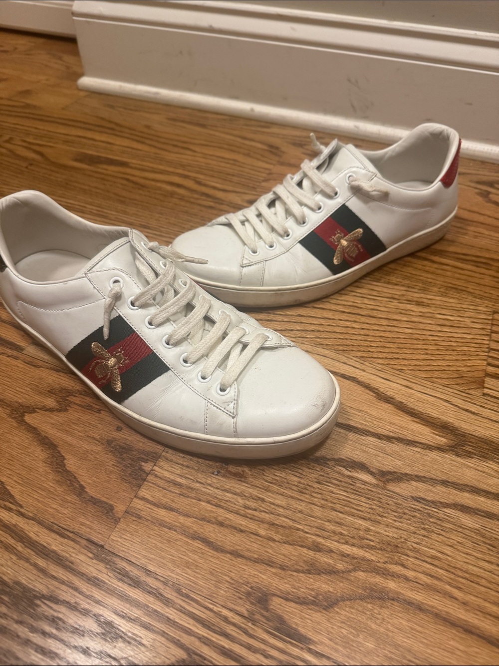 Gucci White Leather Sneakers Red & Green Stripe and Gold Bee. Ace Embroidered